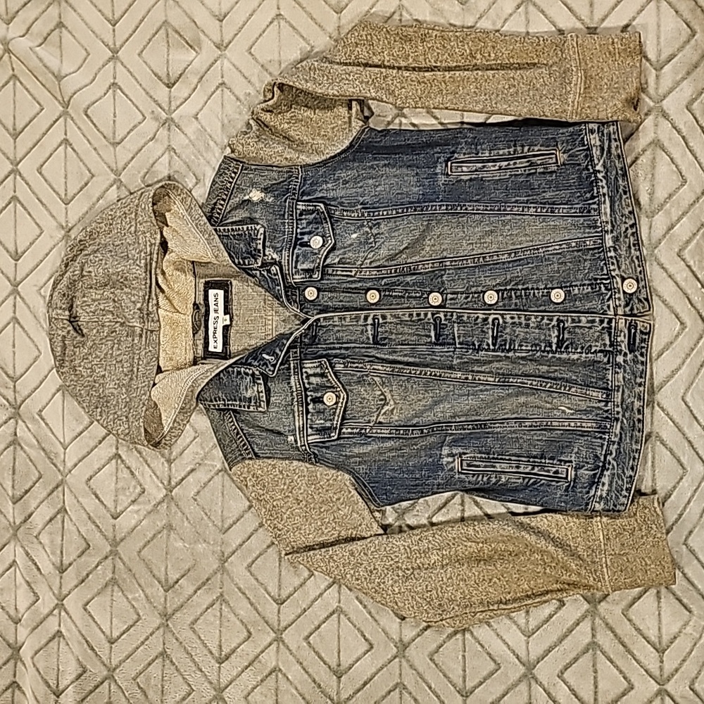 Express Denim Jacket with Knit Sleeves and Hood Sz M